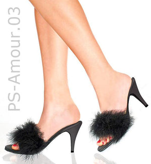 model wearing black feather slipper shoe with 3-inch heel Amour-03