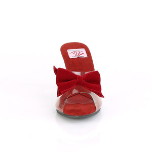 front of red velvet bow slide shoe with 3-inch clear heel Belle-301bow