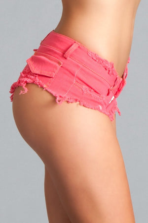 side view of Sexy pink cut off low waist booty denim jeans shorts BWJ3HP