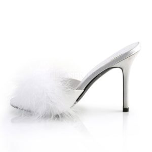 side view of white Marabou feather slipper with 4-inch heel Classique-01F