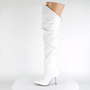 side view of white Thigh high scrunch boot with 4-inch heel 3011