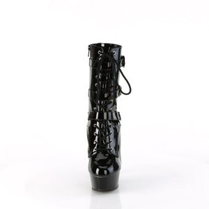 front of black patent lace-up front triple buckle strap platform ankle boots Delight-1043