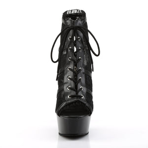 front of black lace-up open toe open back bootie with lace trim Delight-696LC