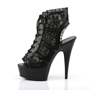 side view of black lace-up open toe open back bootie with lace trim Delight-696LC