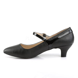 side view of black faux leather Mary Jane pump with 2-inch kitten heel Fab-425