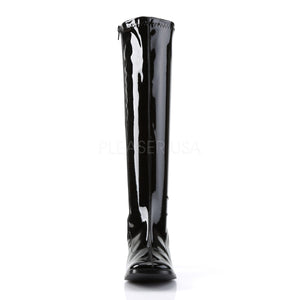 front of black knee high GoGo boots 3-inch heel sizes 5-16