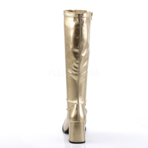 back of gold knee high GoGo boots 3-inch heel sizes 5-16
