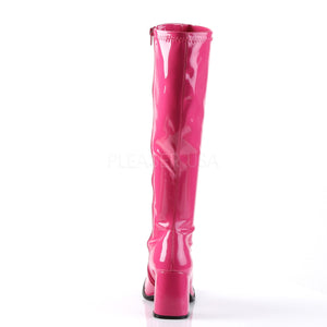 back of pink knee high GoGo boots 3-inch heel sizes 5-16