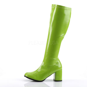 side of green knee high GoGo boots 3-inch heel sizes 5-16