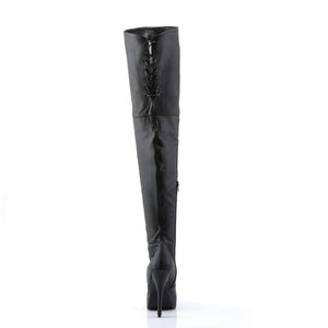 back of lace-up black leather thigh high boots with 5-inch heel Indulge-3011