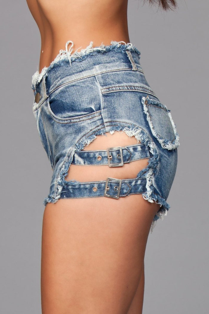 Washed Denim Jeans Shorts with Belt Buckle Sides BW-J10BL