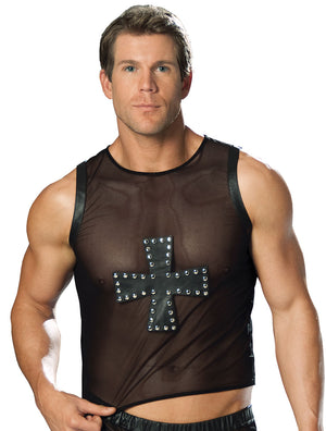 Men's mesh tank top with leather cross L9284