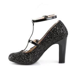 side view of round toe black glitter pump shoes with 4-inch heels Queen-01
