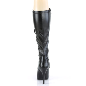 back of black faux leather D-ring lace-up knee boot with 5-inch stiletto heel Seduce-2024