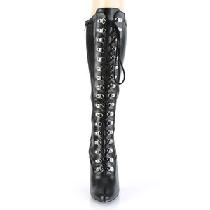 front of back of black faux leather D-ring lace-up knee boot with no platform Seduce-2024