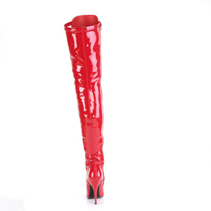 back of red D-ring lace-up thigh high boots with 5-inch heels Seduce 3024