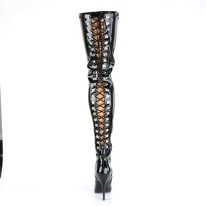back of black patent lace-up D-ring thigh high boots 5-inch heel