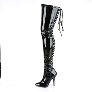 black patent open back lace-up D-ring thigh high boots with 5-inch heel Seduce-3063