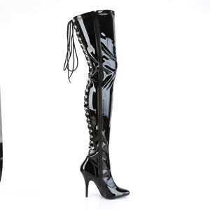 black patent side zipper back lace-up D-ring thigh high boots with 5-inch heel Seduce-3063
