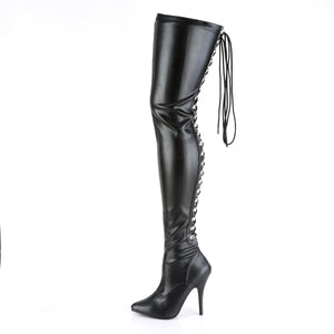 faux leather open back lace-up D-ring thigh high boots with 5-inch spike heel Seduce-3063