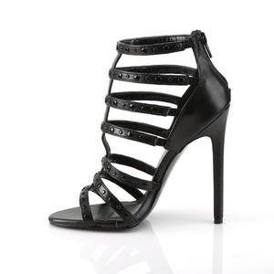 side view Black strappy T-strap sandal with 5-inch high heel and zipper back Sexy-15
