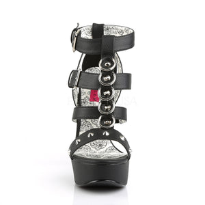 front of black T-strap sandal with studs and rings 5-inch heel Teeze-42W