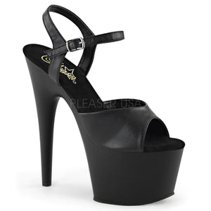 black faux leather blue ankle strap platform sandal shoe with 7-inch stiletto heel