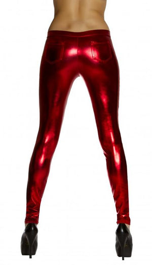 back view red metallic foil button front pants with pocket detail 3175