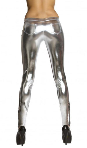 back view silver metallic foil button front pants with pocket detail 3175