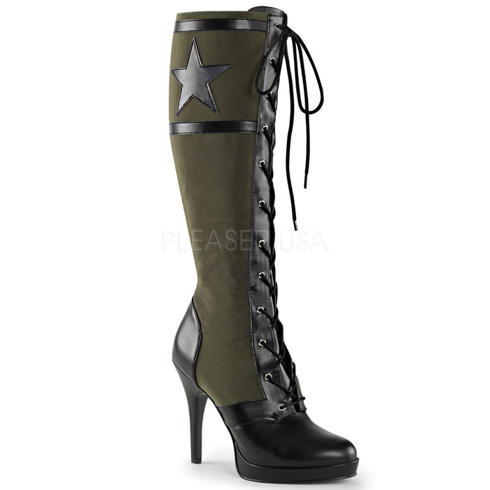 Front Lace-Up Knee High Military Boot with Star and 4-inch Spike Heel