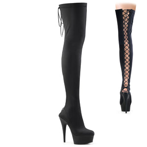 Stretchy black Lycra, back lace-up thigh high boots with 6-inch heel Delight-3003