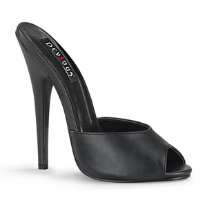 black faux leather peep toe slide shoe with 6-inch stiletto heel and no platform Domina-101