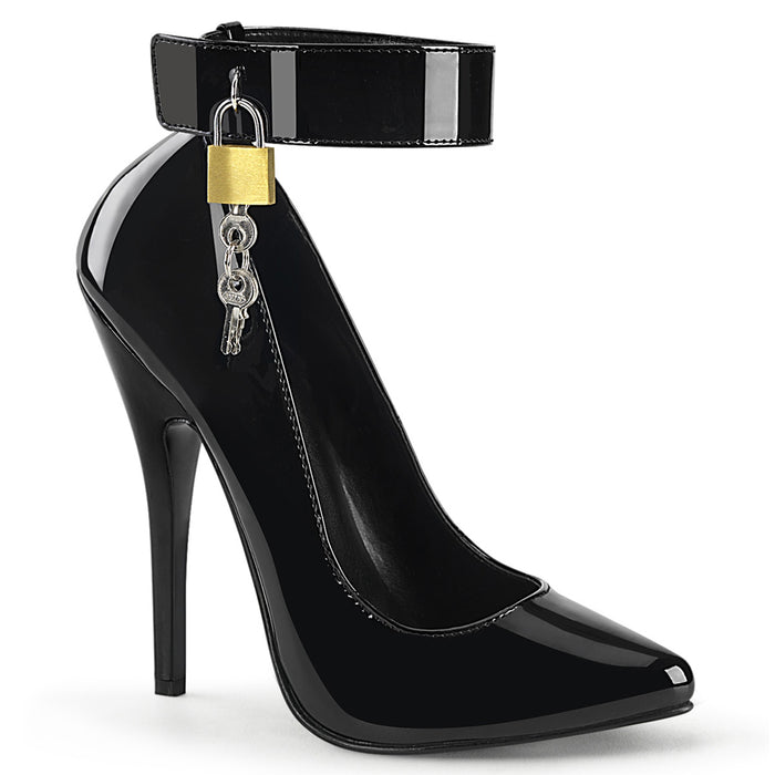 Black Pump with 6-inch Spike Heel, Ankle Cuff and Padlock DOM432