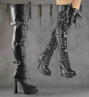 two pics black front lace-up thigh high boot with buckles Electra-3028