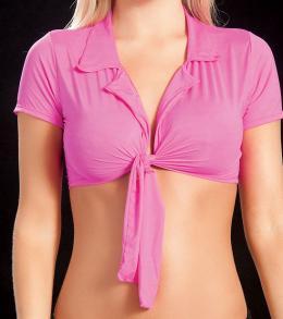 Bright neon pink front tie crop top with collar and sleeves 9010