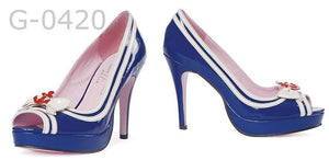 side view American sailor costume high heel blue peep-toe pump shoe