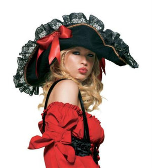 black Swashbuckler pirate hat with lace trim and satin bows 2098