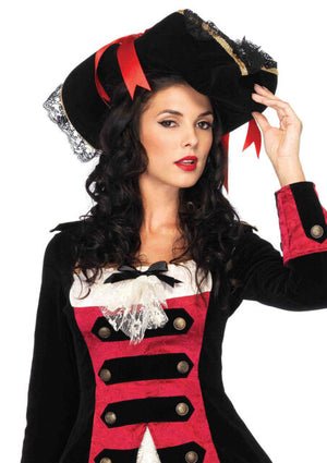 black Swashbuckler pirate hat with lace, gold trim and satin bows 2098