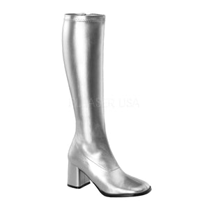 silver knee high GoGo boots 3-inch heel sizes 5-16