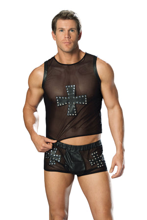 Men's mesh tank top with leather cross L9284 with shorts L9285