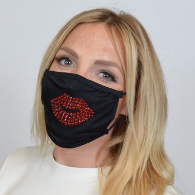 Black with Red Sequin Lips Face Mask M220