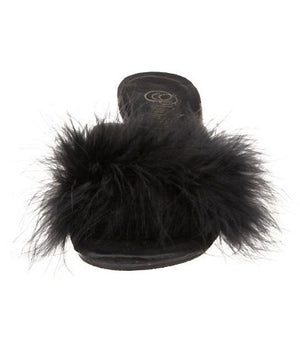 front of Fuzzy black feather trim slippers with 3 inch heels Belle-301F
