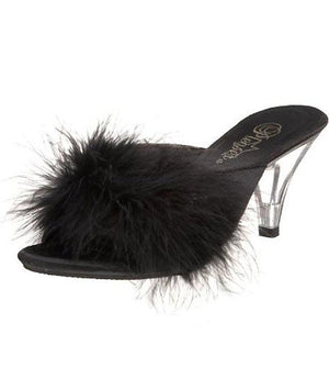 black Fuzzy feather trim classic slippers with 3 inch clear heels Belle-301F