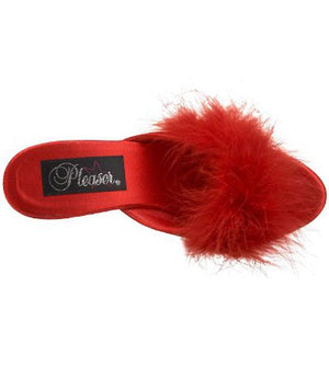 top of Fuzzy red feather trim slippers with 3 inch heels Belle-301F