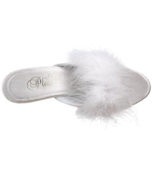 top of Fuzzy white feather trim slippers with 3 inch heels Belle-301F