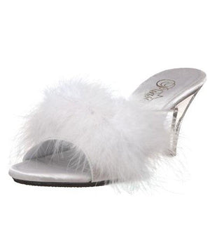 white Fuzzy feather trim classic slippers with 3 inch clear heels Belle-301F