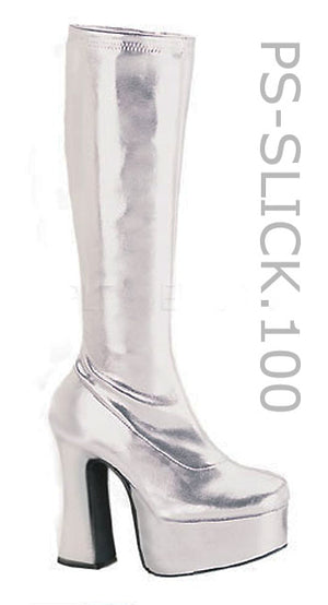 silver Knee high white gogo boots with 4.75-inch chunky heel Slick-100