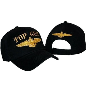 back of black Top Gun cap with gold embroidered flight wings 055186