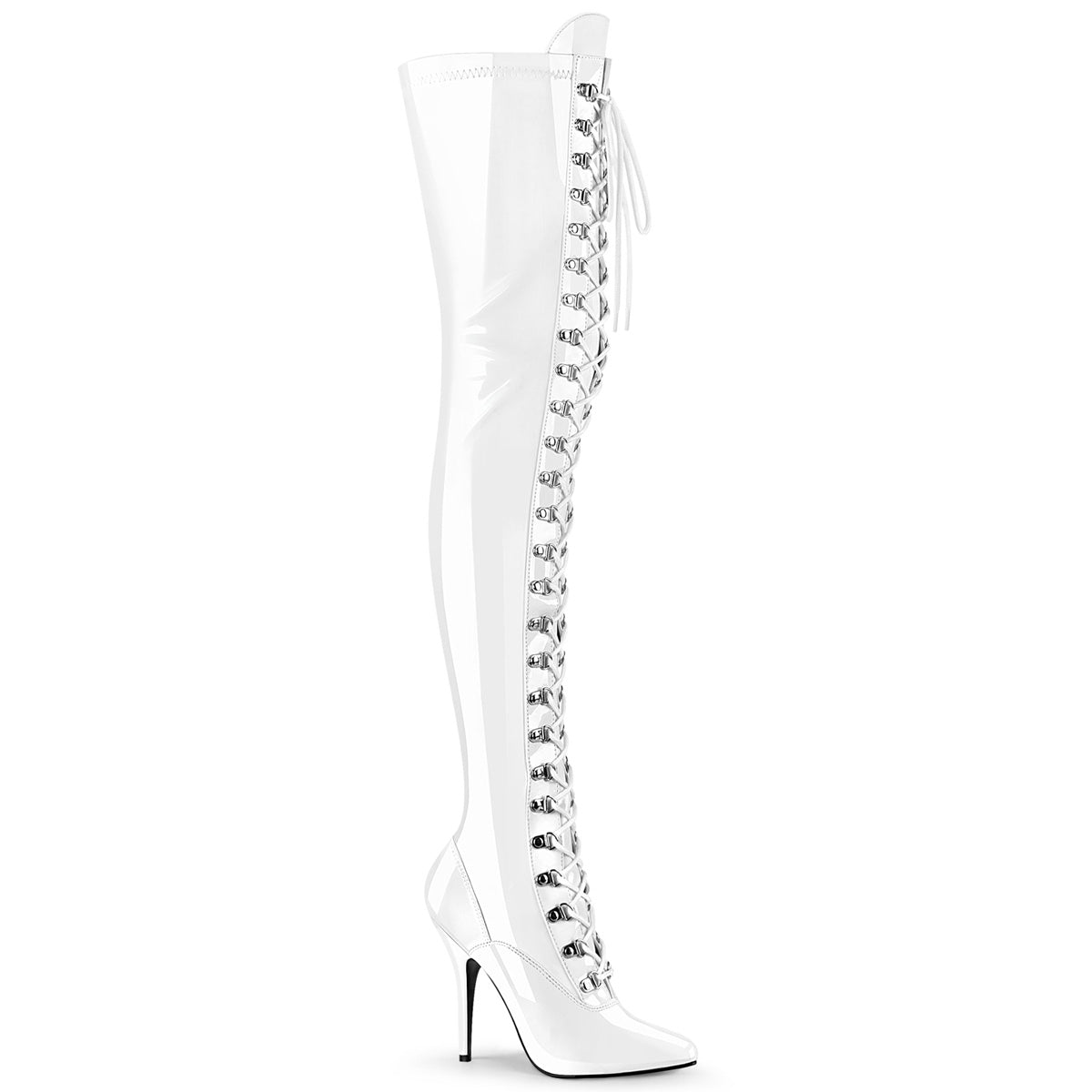 Thigh High White Vinyl Shoes D-Ring Lace-Up Thigh High Boots