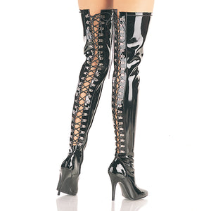Open back lace-up D-ring stretch thigh high boots with 5-inch stiletto heel Seduce-3063